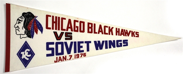1976 (Jan. 7) Ultra Rare Chicago Black Hawks vs. Soviet Wings 29” Full Size Pennant