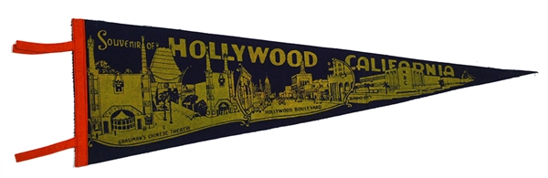 1940s Souvenir of Hollywood California Grauman’s Chinese Theatre, Hollywood Boulevard, Radio City 25”Pennant