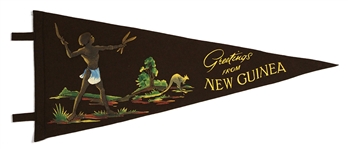 1940s “Greetings From New Guinea” Native w/ Boomerang Kangaroo 23” Pennant