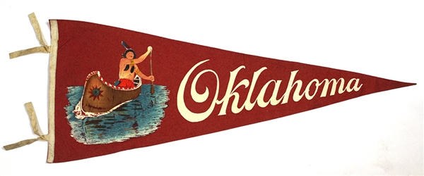 1910-1920s Oklahoma Indian in Canoe 33” Multi Color Pennnat