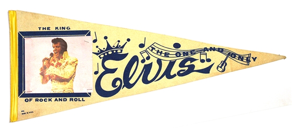 1973 Elvis Presley The King Of Rock and Roll 29” Concert Tour Photo Pennant “Featuring The American Eagle Jumpsuit” 