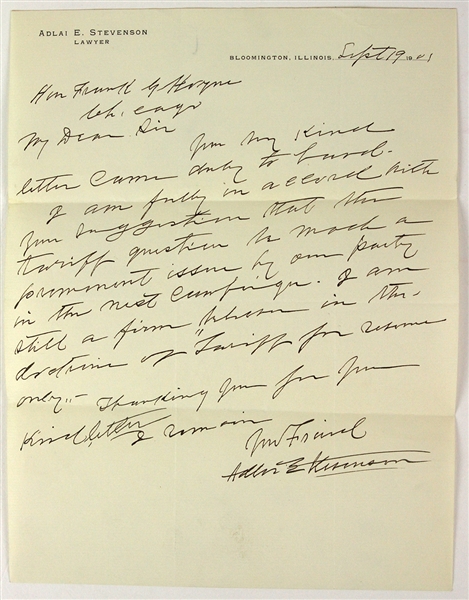 1901 Adlai E. Stevenson 23rd Vice President 8”x10” ALS (JSA)