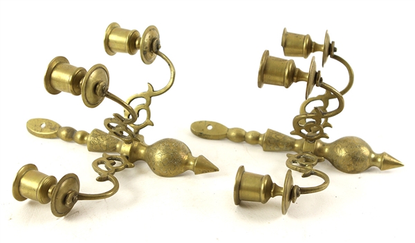 1900-1920s circa Matched Ornate Brass 3-Candle Sconce Set (2)