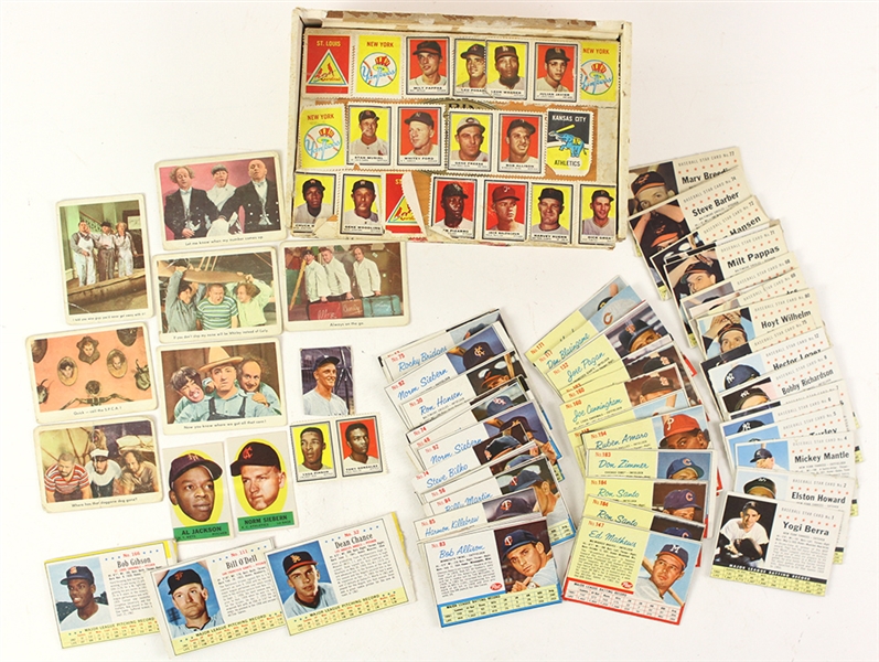 1959-63 Post Cereal Baseball & Fleer Three Stooges Trading Cards w/ Bering Supreme Exquisite Havana Cigars Box - Lot of 65