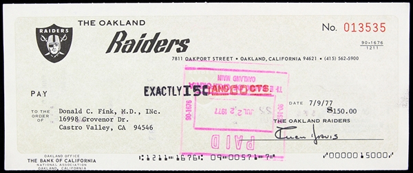 1977 Al Davis Oakland Raiders Signed Check *JSA*
