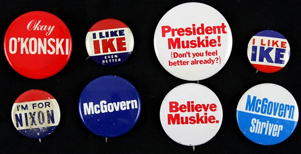 1950s-70s Political Pinback Button Collection - Lot of 8 w/ Dwight Eisenhower, Richard Nixon, Edmund Muskie, George McGovern & More