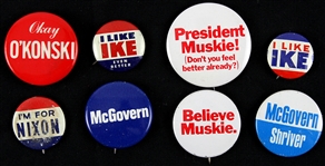1950s-70s Political Pinback Button Collection - Lot of 8 w/ Dwight Eisenhower, Richard Nixon, Edmund Muskie, George McGovern & More