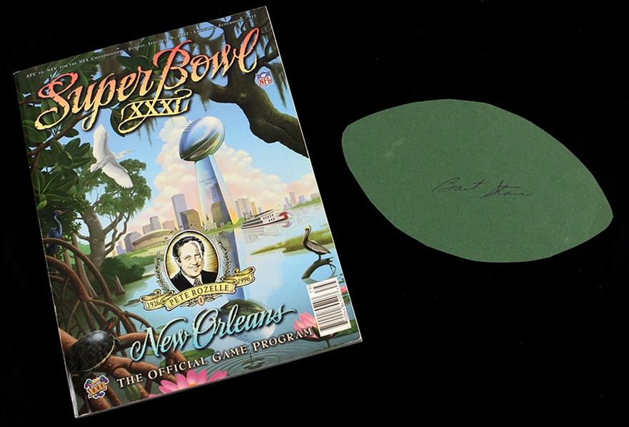 1997 Green Bay Packer New England Patriots Super Bowl XXXI Program & Bart Starr Signed Football Cut - Lot of 2 (JSA)