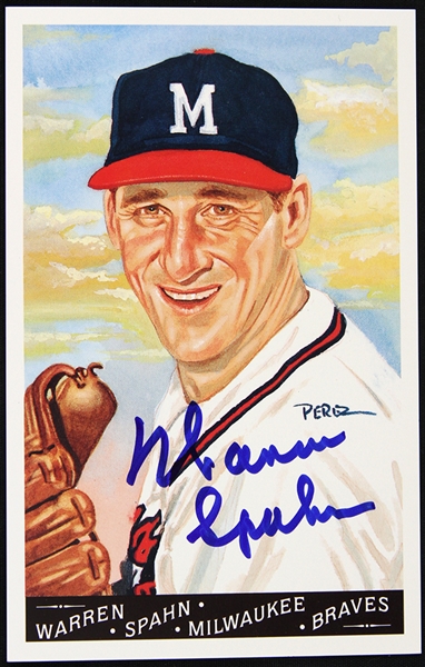 1990 Warren Spahn Milwaukee Braves Signed 3.5" x 5.5" Perez Steele Postcard (JSA)