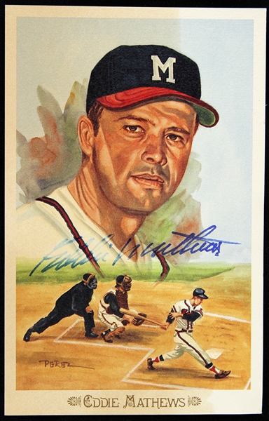 1989 Eddie Mathews Milwaukee Braves Signed 3.5" x 5.5" Perez Steele Postcard (JSA)