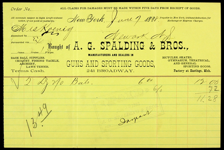 1888 Mrs. Koenig Newark NJ AG Spalding & Bros Invoice