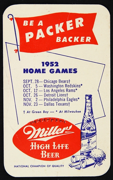 1952 Green Bay Packers Miller High Life Home/Away Pocket Schedule