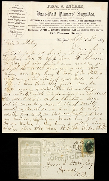 1875 Andrew Peck Peck & Snyder Baseball Players Supplies Signed Correspondence 