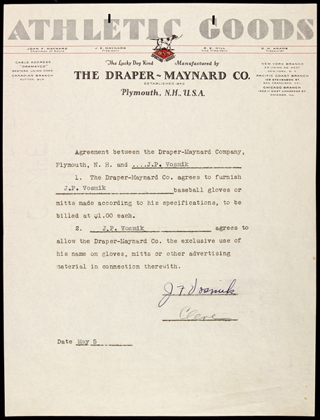 1930s Joe Vosmik Cleveland Indians Signed Draper Maynard Athletic Goods Contract (JSA)