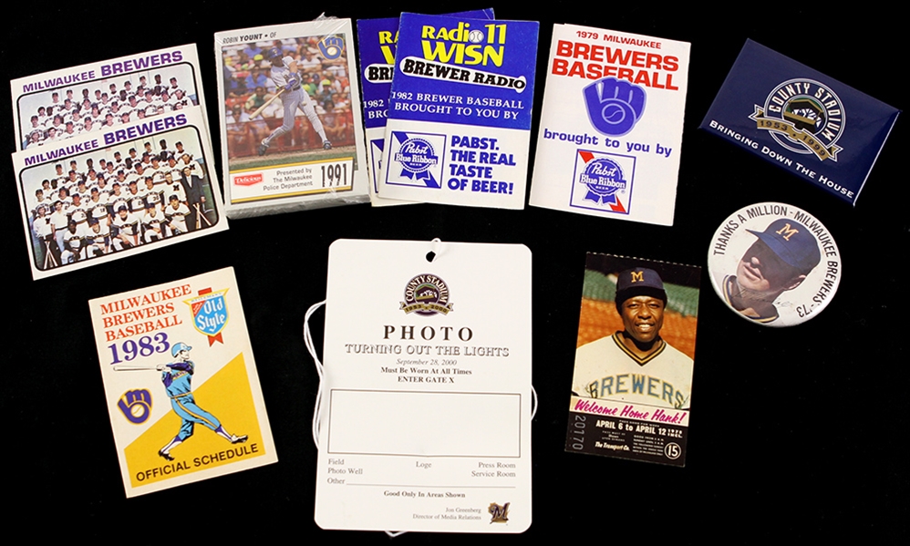 1970s-2000 Milwaukee Brewers Memorabilia Collection - Lot of 11 w/ Final County Stadium Game Photo Pass, Sealed 1991 Police Set, Pinbacks & Schedules