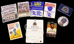 1970s-2000 Milwaukee Brewers Memorabilia Collection - Lot of 11 w/ Final County Stadium Game Photo Pass, Sealed 1991 Police Set, Pinbacks & Schedules