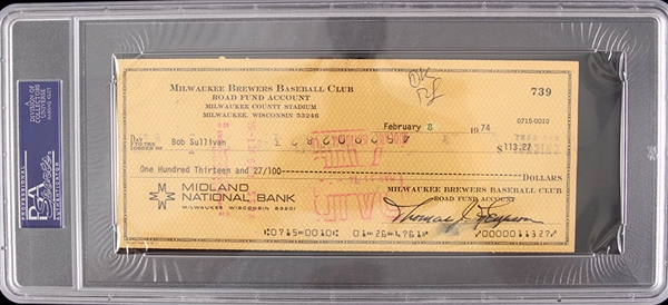 1974 Bob Sullivan Milwaukee Brewers Signed Check (PSA/DNA Slabbed)