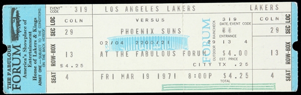 1971 Los Angeles Lakers Phoenix Suns Forum Ticket 