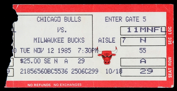1985 Chicago Bulls Milwaukee Bucks Chicago Stadium Ticket Stub