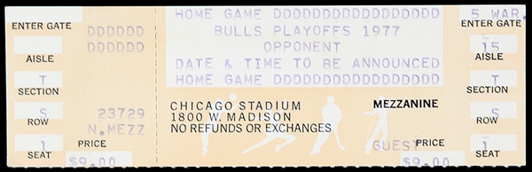 1977 Chicago Bulls Chicago Stadium Ghost Playoff Ticket 