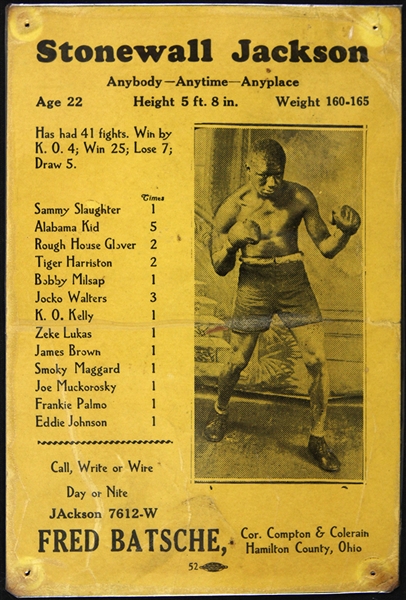 1935 Stonewall Jackson 4.5" x 6.5" Boxing Promoter Card 