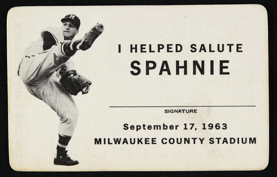1963 Warren Spahn Milwaukee Braves I Helped Salute Spahnie Card (MEARS LOA) Warren Spahn Estate