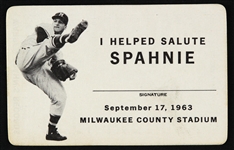 1963 Warren Spahn Milwaukee Braves I Helped Salute Spahnie Card (MEARS LOA) Warren Spahn Estate