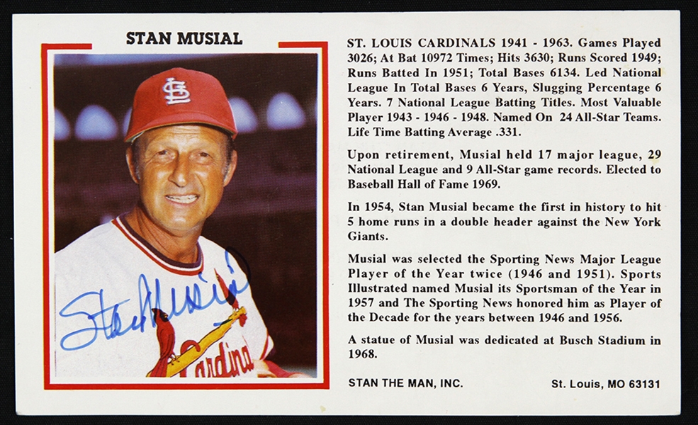 1980s Stan Musial St. Louis Cardinals Signed 3.5 x 6" Career Accomplishments Card (JSA)