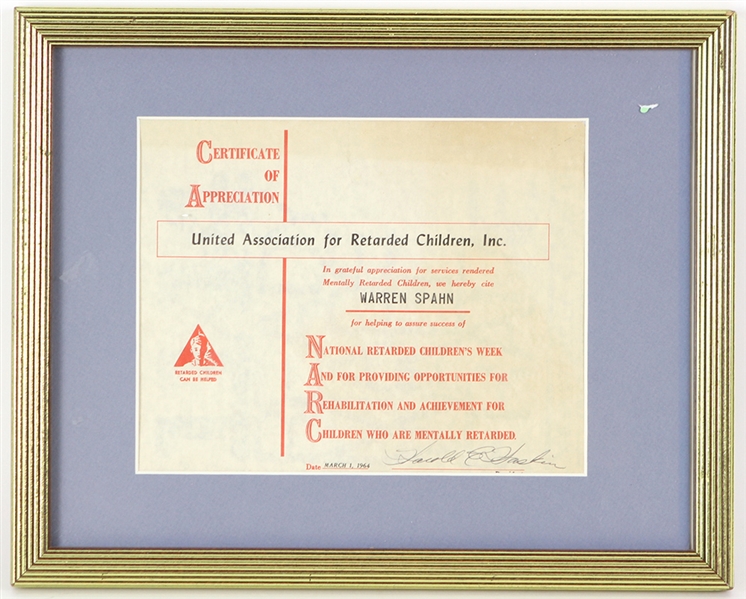 1964 Warren Spahn Milwaukee Braves 12" x 15" Framed United Association for Retarded Children Certificate of Appreciation