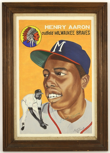 1980s Hank Aaron Milwaukee Braves Signed 21" x 29" Framed 1954 Topps Rookie Card Depiction (JSA) 8/85