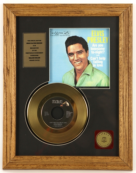 1970s Elvis Presley Are You Lonesome Tonight b/w Cant Help Falling In Love 15" x 19" Framed Gold Plated Record Display 