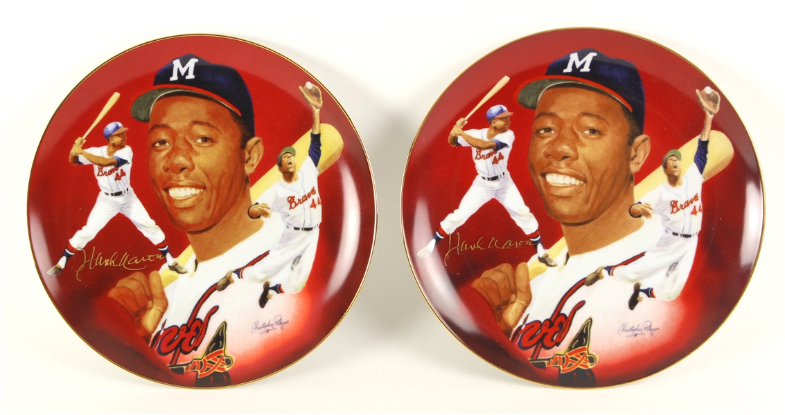 1985 Hank Aaron Milwaukee Braves Signed Hackett Artist Proof Commemorative Plates - Lot of 2 (JSA)