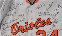 1986 Rick Dempsey Baltimore Orioles Game Worn Team Signed Road Jersey w/ 39 Signatures Including Cal Ripken Jr, Eddie Murray, Frank Robinson, Earl Weaver & More (MEARS LOA/JSA)