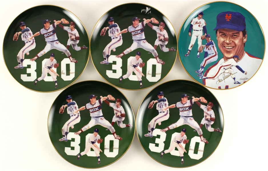 1983-86 Tom Seaver Mets/Reds/White Sox Signed Hackett Commemorative Plates - Lot of 5 (JSA)