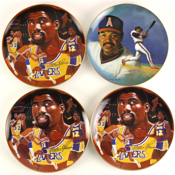 1985-87 Magic Johnson Reggie Jackson Lakers/Angels Signed Commemorative Plates - Lot of 4 (JSA)