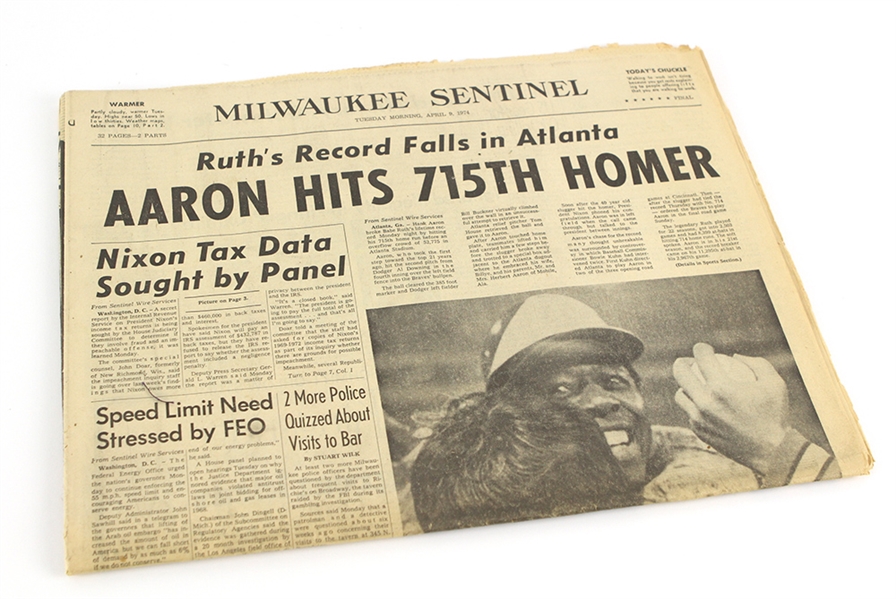 1974 (April 9) Hank Aaron Atlanta Braves "Aaron Hits 715th Homer" Milwaukee Sentinel Newspaper