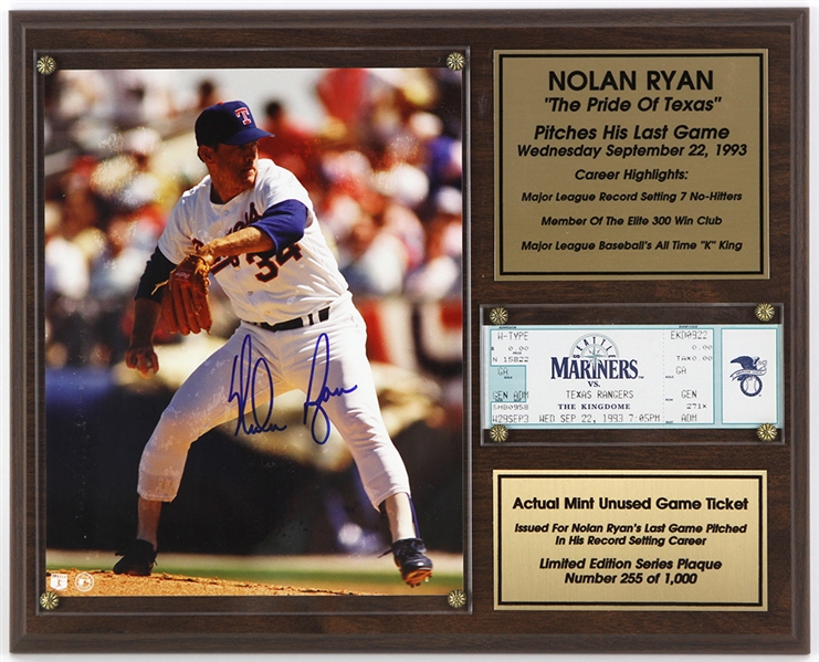 1993 Nolan Ryan Texas Rangers 12" x 15" Final Game Display w/ Unused Ticket & Signed Photo (JSA) 255/1000