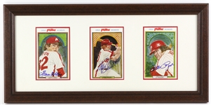 1983 Steve Carlton Mike Schmidt Pete Rose Signed 11" x 21" Framed Great Phillies Moments Postcard Display (JSA)