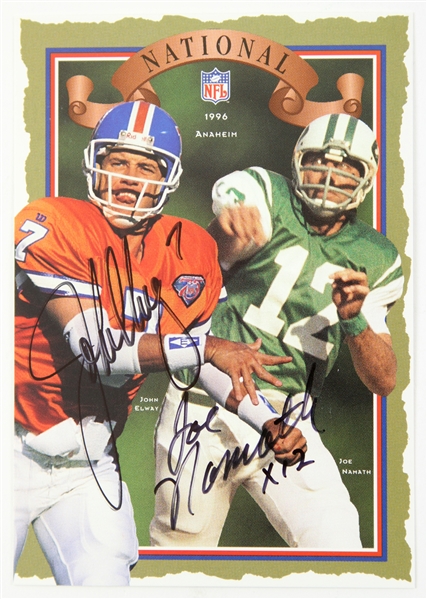 1996 Anaheim National Convention 4”x5” John Elway Denver Broncos / Joe Namath New York Jets Signed Promotional Card (JSA)