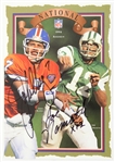 1996 Anaheim National Convention 4”x5” John Elway Denver Broncos / Joe Namath New York Jets Signed Promotional Card (JSA)