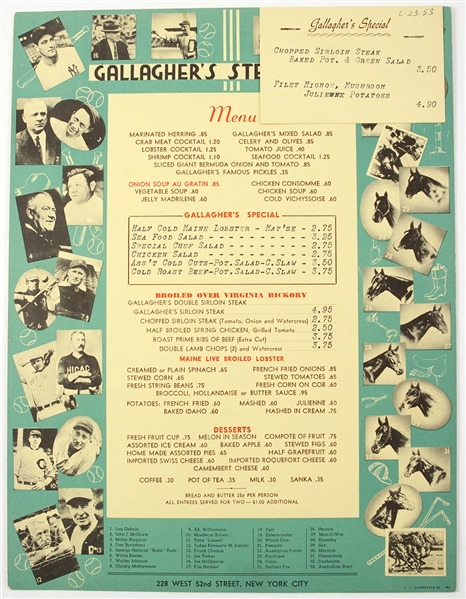 1930-40s Gallagher’s Steak House Sports Star Menu Featuring Gehrig, McGraw, Huggins, Brouthers, Ruth, Mathewson, and many famous race horses.
