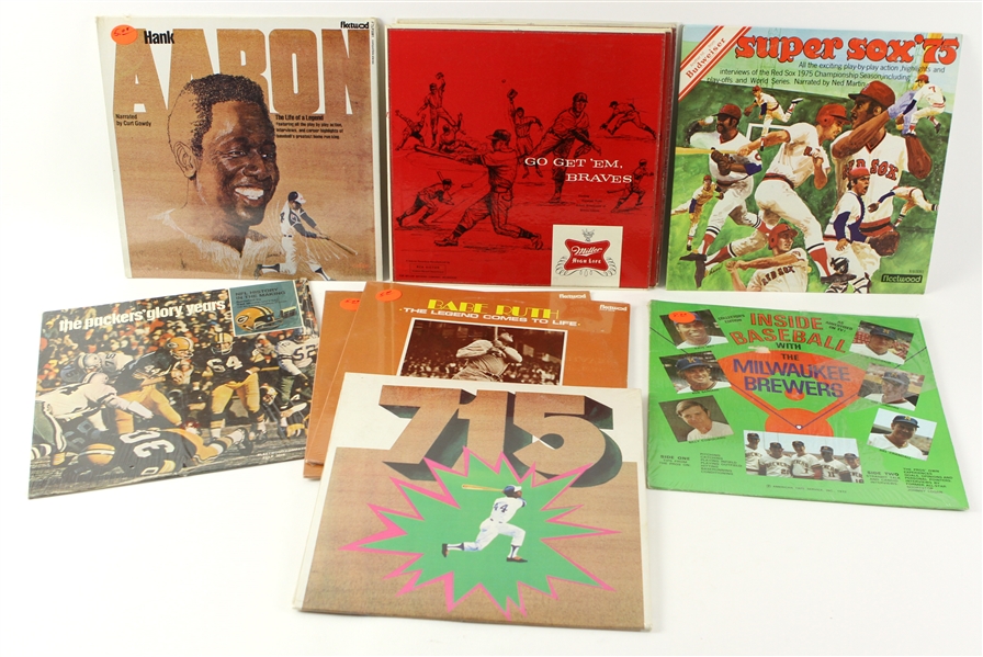 1950s-70 Baseball & Football Record Collection - Lot of 10 w/ Go Get Em Braves, Packers Glory Years, Hank Aaron 715, Babe Ruth & More