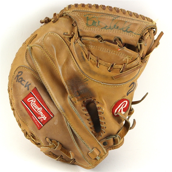 1986-88 Bill Schroeder Milwaukee Brewers Signed Game Worn Rawlings Orange Target Catchers Mitt (MEARS LOA/JSA)
