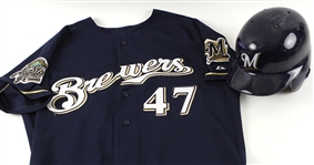 2002-10 Milwaukee Brewers Game Worn Collection - Lot of 2 w/ Signed Shane Nance Alternate Jersey & Dave Bush Batting Helmet (MEARS LOA/JSA/MLB Hologram)