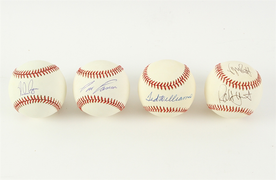 1986-94 Signed OAL Brown Baseball Collection - Lot of 4 w/ Ted Williams, Nolan Ryan, George Brett, Robin Yount (JSA)