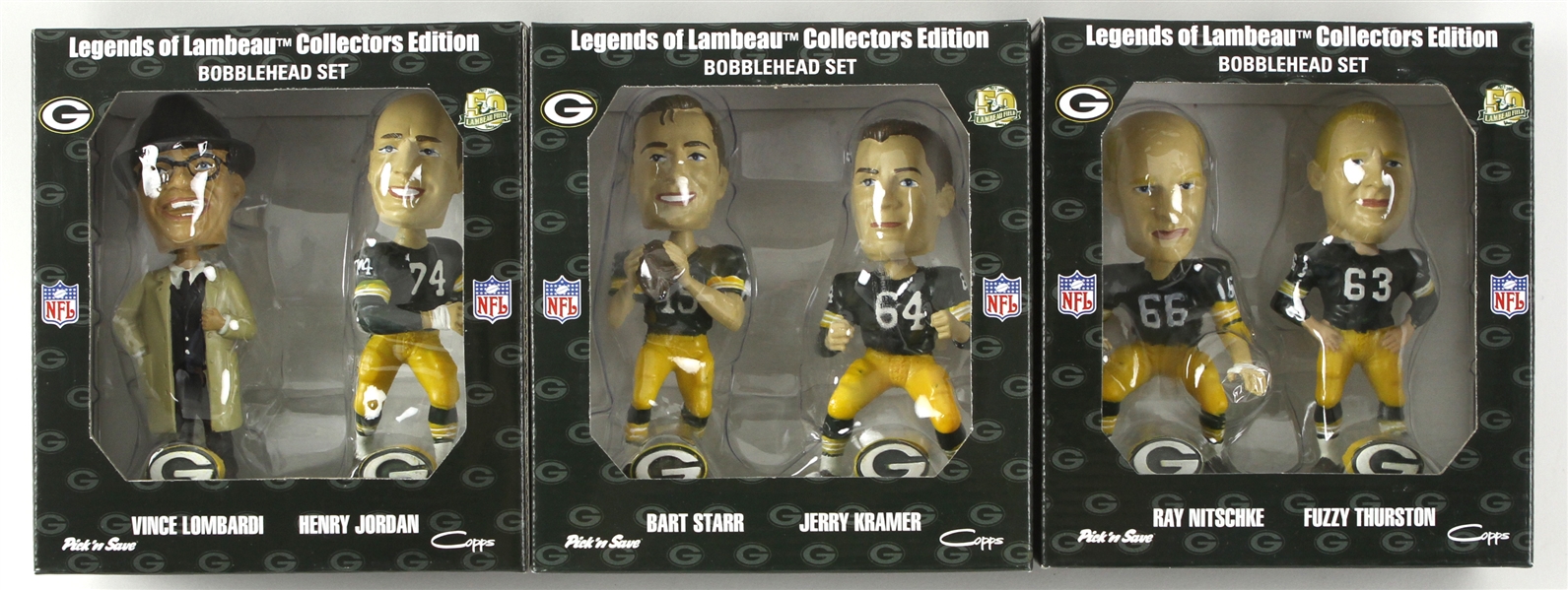 2007 Green Bay Packers MIB Legends of Lambeau Bobbleheads - Lot of 3 Pairs w/ Vince Lombardi, Bar Starr, Ray Nitschke & More
