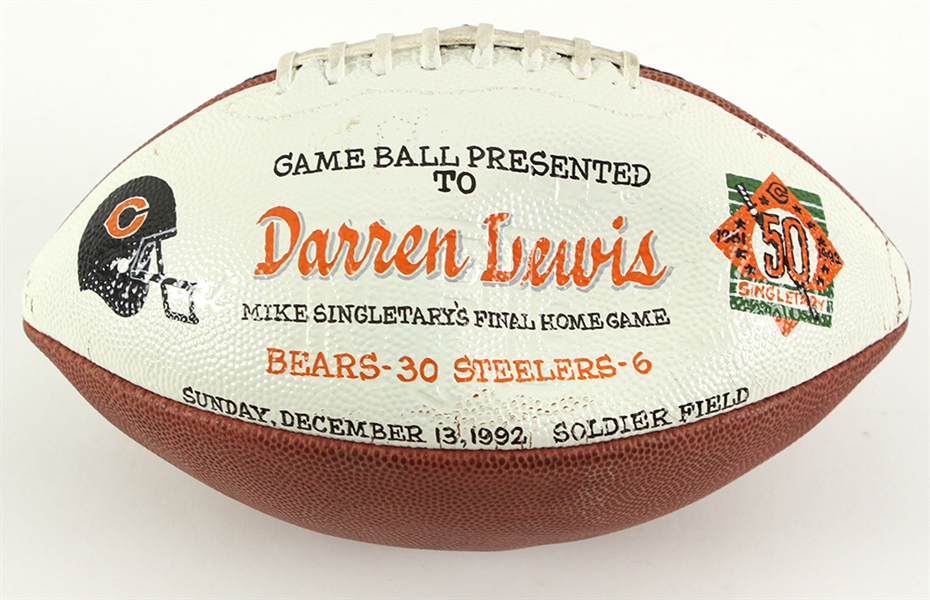 1992 (December 13) Darren Lewis Chicago Bears Painted Game Ball (MEARS LOA) Mike Singletarys Final Home Game