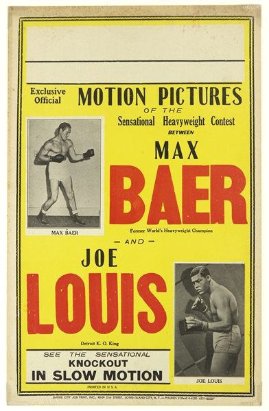 1935 Joe Louis Max Baer World Heavyweight Championship Fight 14" x 22" Motion Picture Broadside