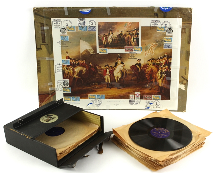 1940s-80s Revolutionary War WWII Memorabilia Collection - Lot of 21 w/ 19" x 28" Matted Surrender of Cornwallis First Day Litho & 20 Record Assimil Easy German Language Record Set