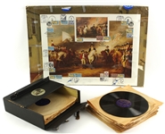 1940s-80s Revolutionary War WWII Memorabilia Collection - Lot of 21 w/ 19" x 28" Matted Surrender of Cornwallis First Day Litho & 20 Record Assimil Easy German Language Record Set